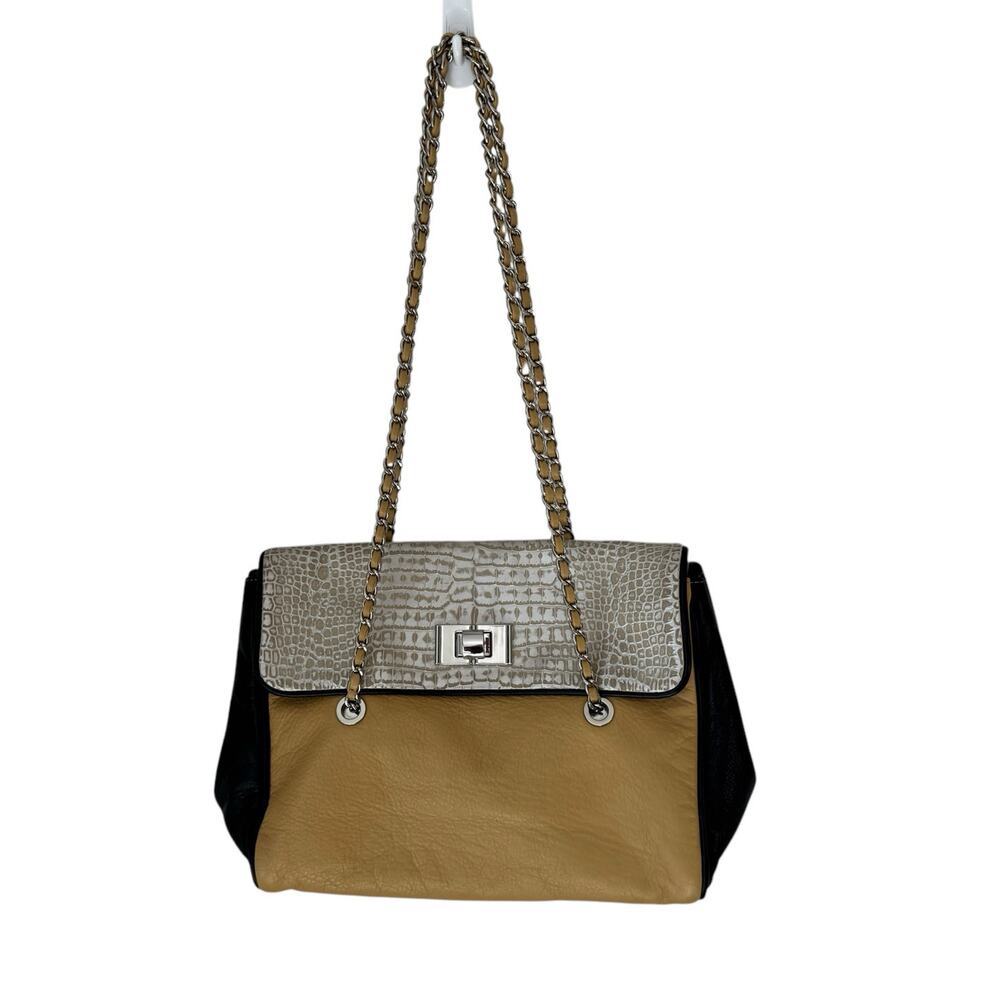 ELIE TAHARI Vicky Croc Embossed Leather Chain Shoulder Bag Yellow Gold Silver